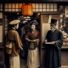 Three People in Traditional Attire Walking Through Busy Street with Tea and Treats