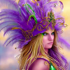 Woman in Luxurious Purple and Green Feathered Headdress and Masquerade Mask