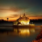 Golden spired Thai temples at sunset with reflections in water