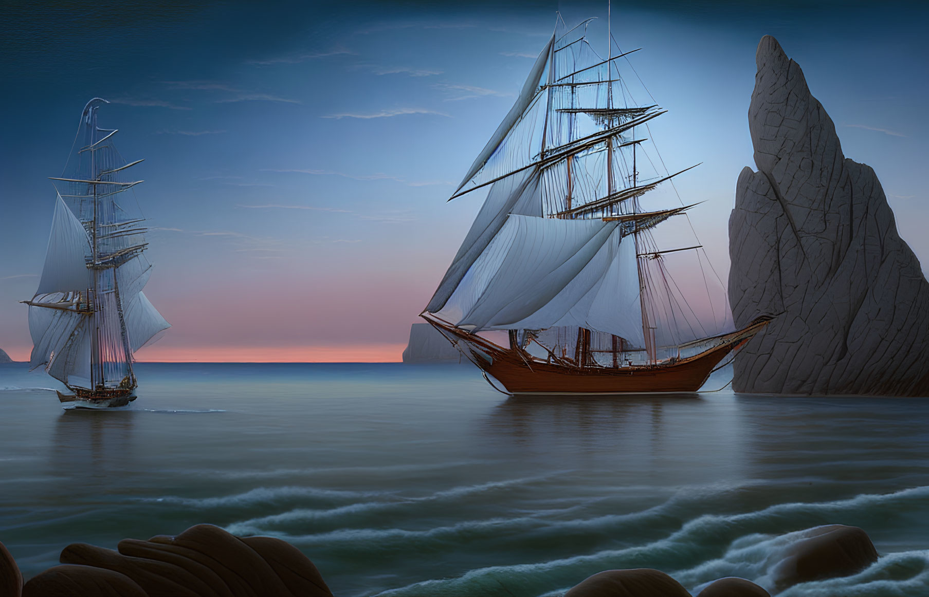 Sailing ship with billowing sails near rock formation at sea at sunset
