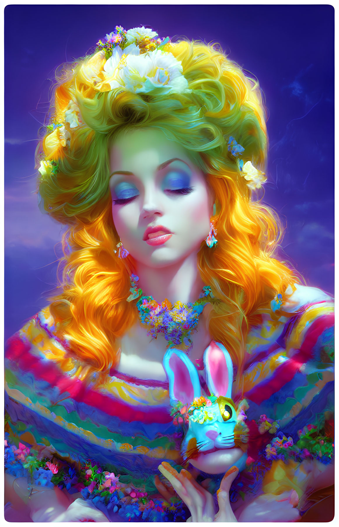 Fantasy portrait of woman with yellow hair and bunny on blue background