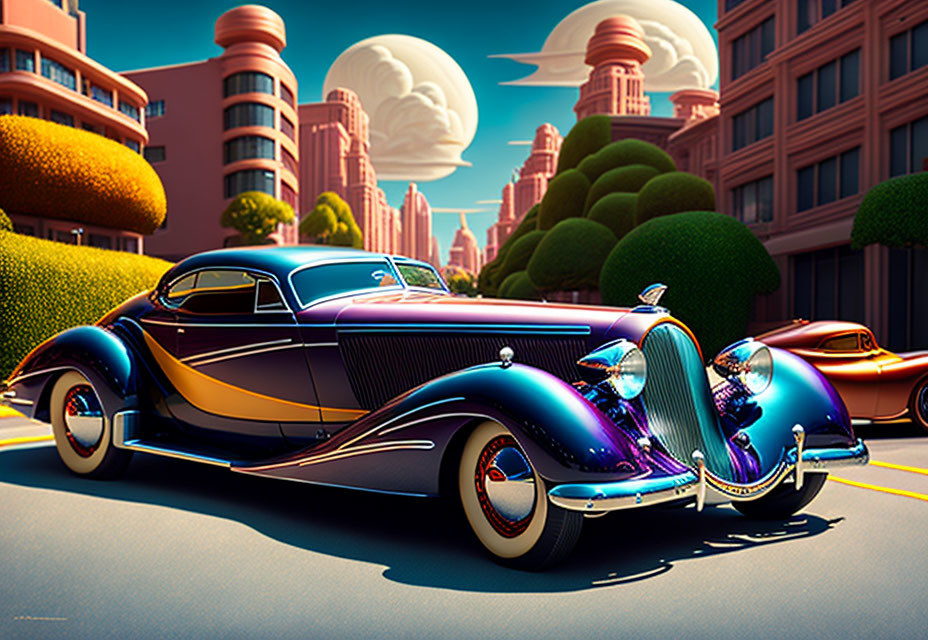 Vintage Purple and Black Car on Sunny Street with Stylized Buildings