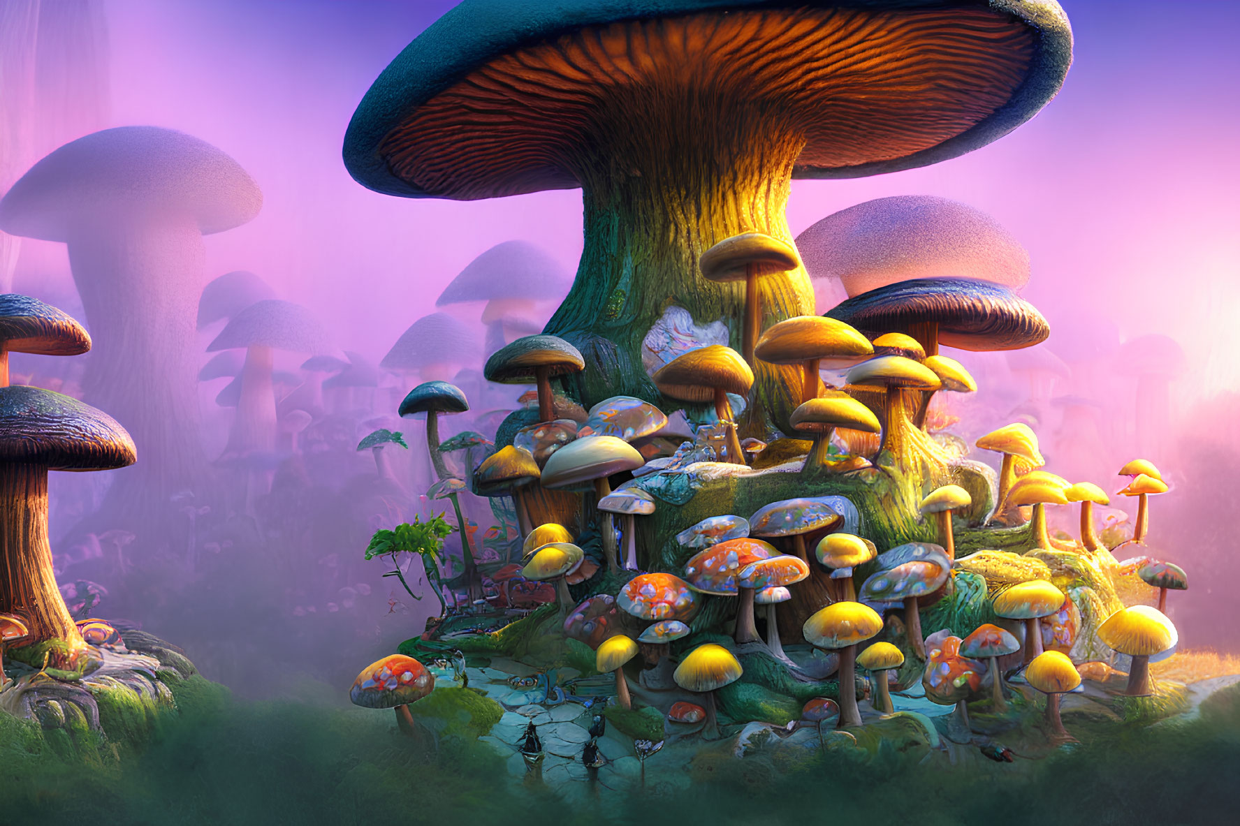 Colorful oversized mushroom forest in mystical purple haze