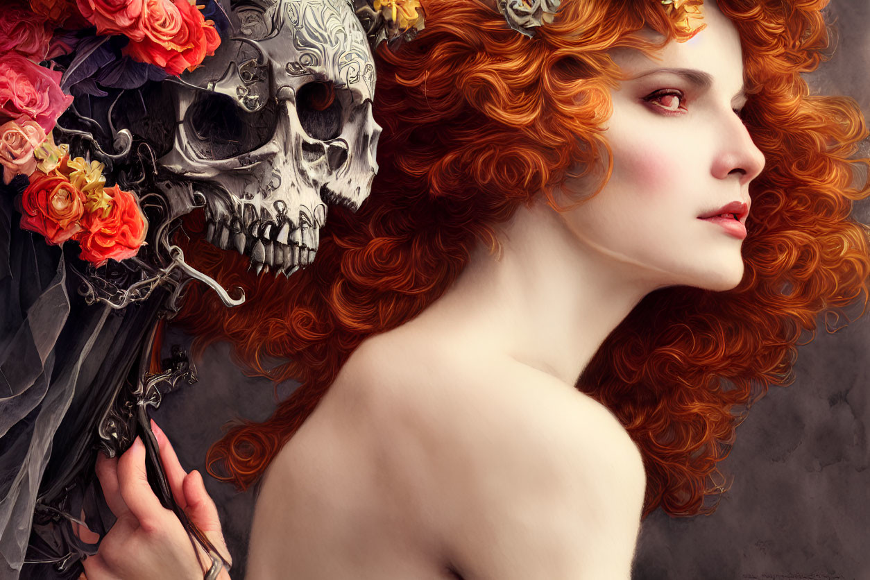 Red-Haired Woman and Flower-Adorned Skull Art Contrast