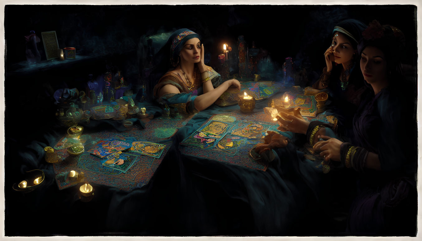 Women at table with candlelight, tarot cards, and mystical objects exchanging glowing orb.