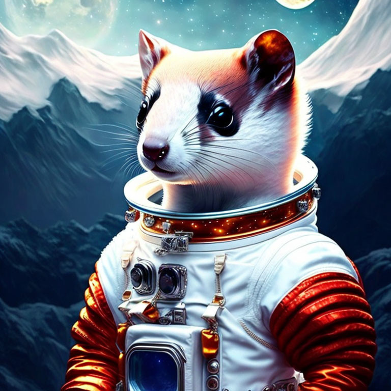 Detailed whimsical ferret astronaut in spacesuit with mountains and planet.