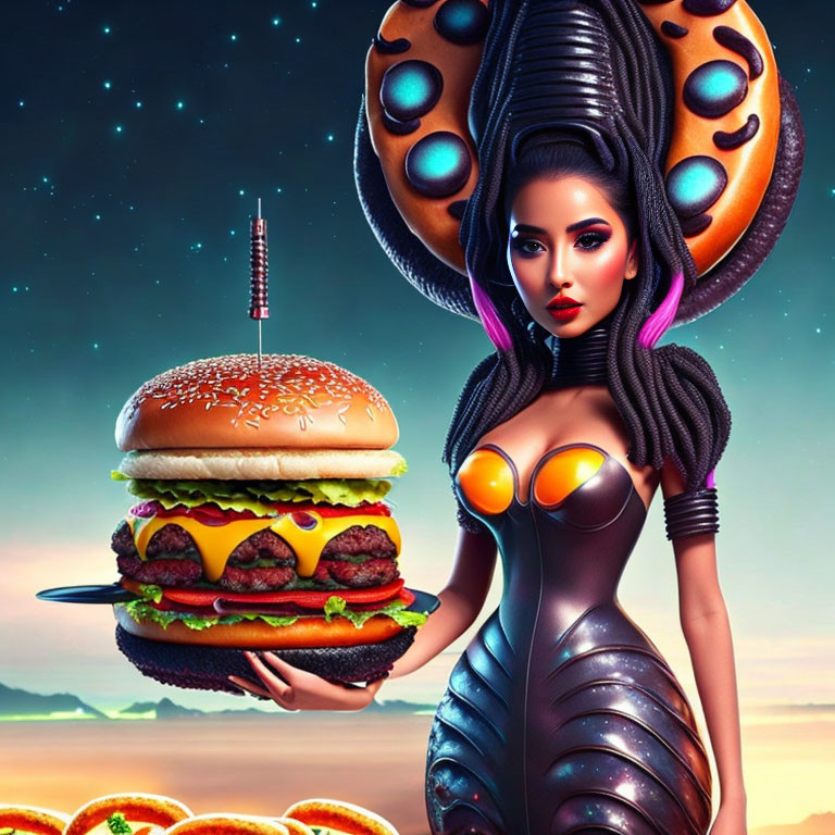 Futuristic woman with elaborate hairstyle holding giant burger in space-themed setting