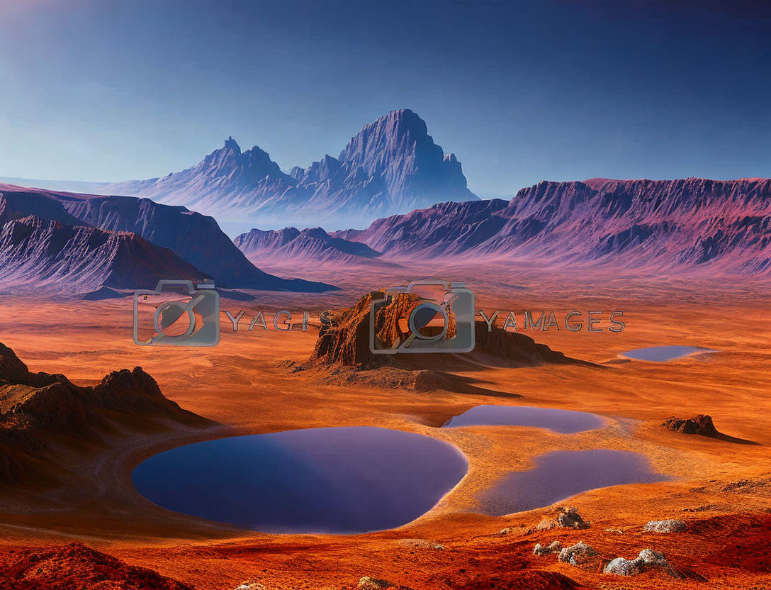 Vibrant orange terrain, blue lakes, and rocky mountains in surreal landscape