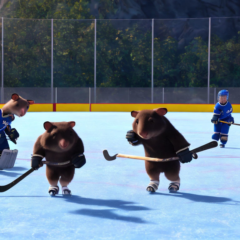 Brown Bears Playing Hockey on Ice Rink with Clear Sky