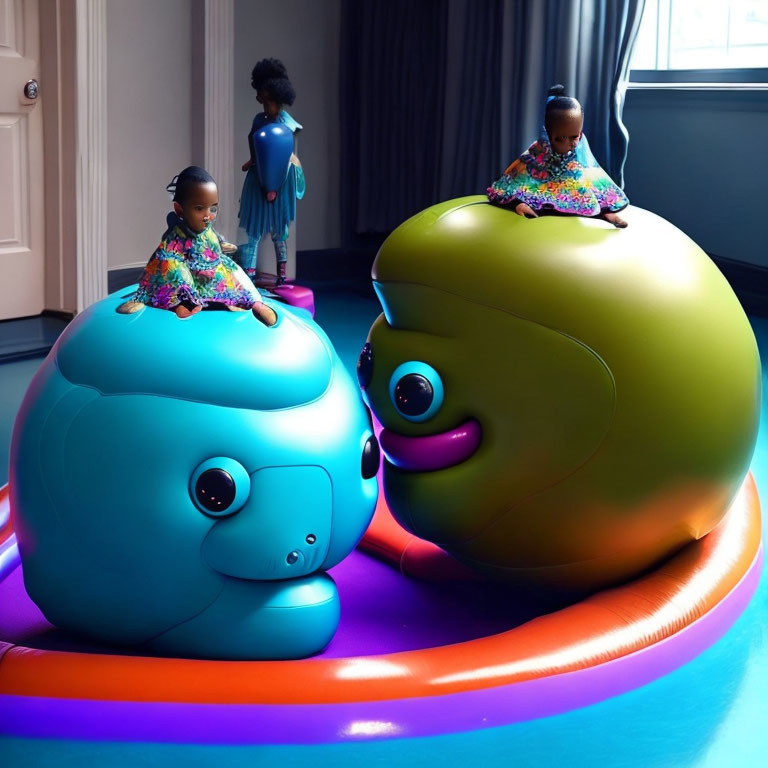 Children on colorful fish toys in blue room with circular mat
