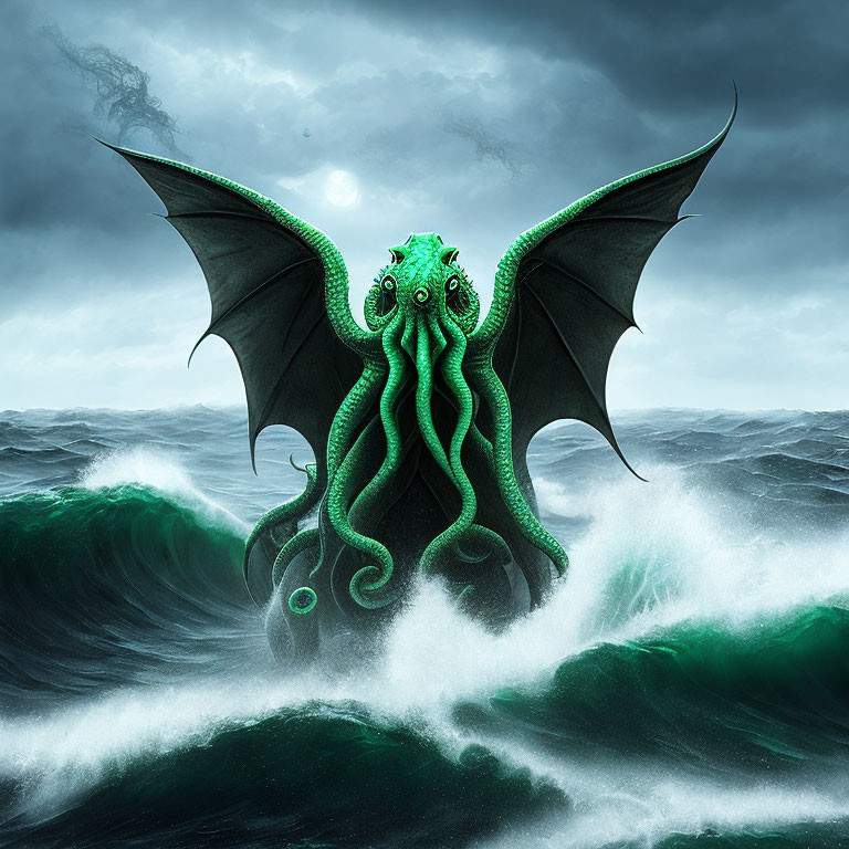 Octopus-headed creature with dragon wings in stormy sea scenery