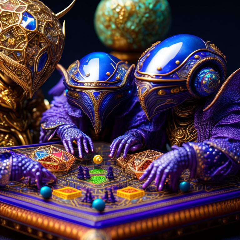 Intricate alien figures in ornate armor playing board game surrounded by mystical artifacts