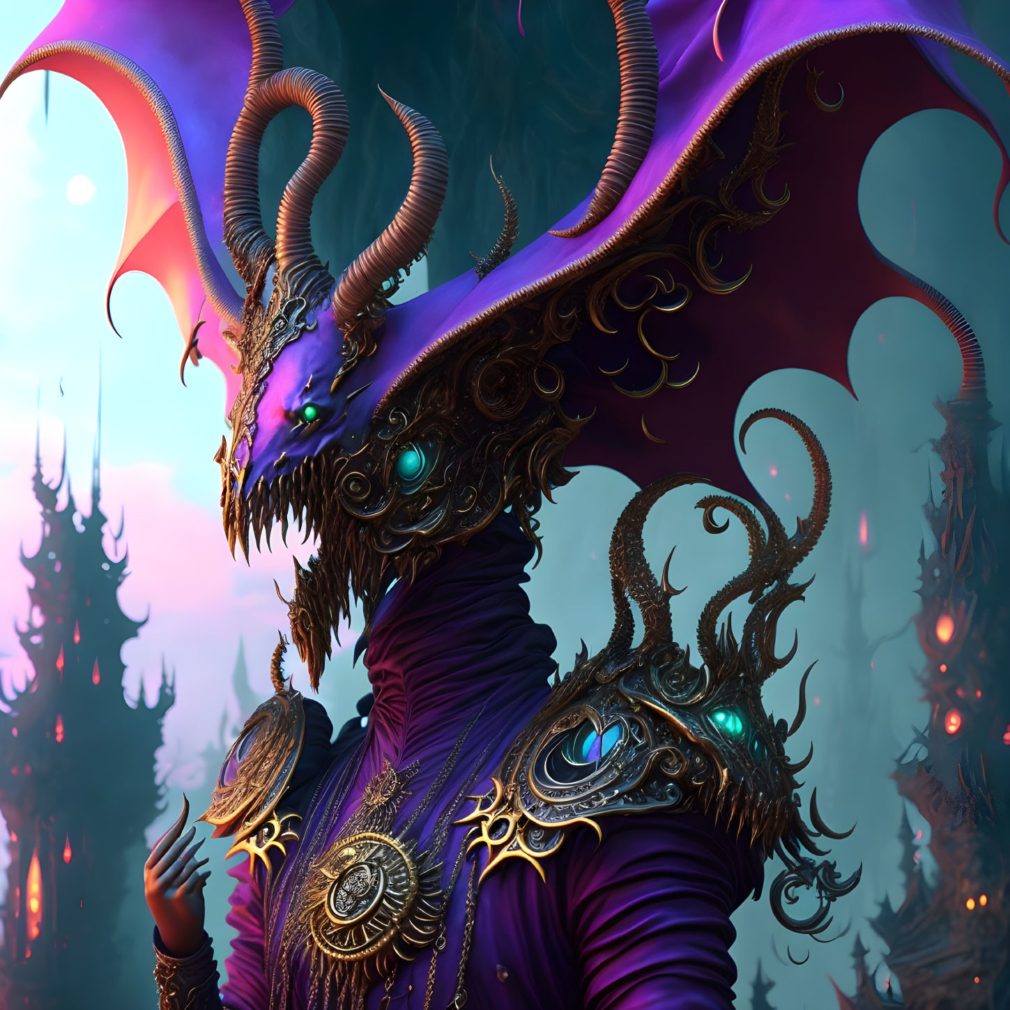 Majestic dragon in golden armor and purple robes in eerie landscape