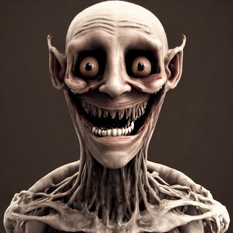 Creepy 3D rendering of a fictional character with wide grin and elongated neck.
