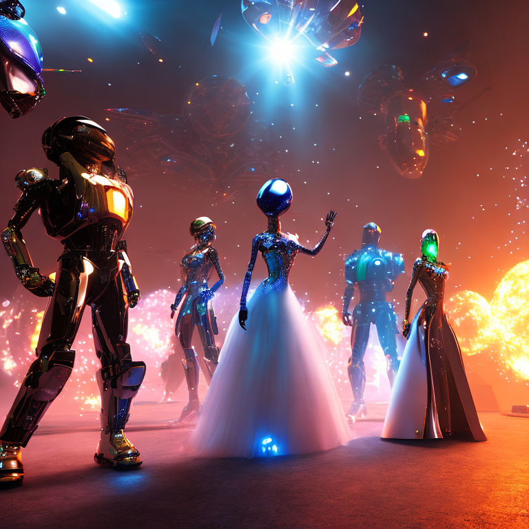 Futuristic robots in human-like silhouettes on a vibrant dance floor