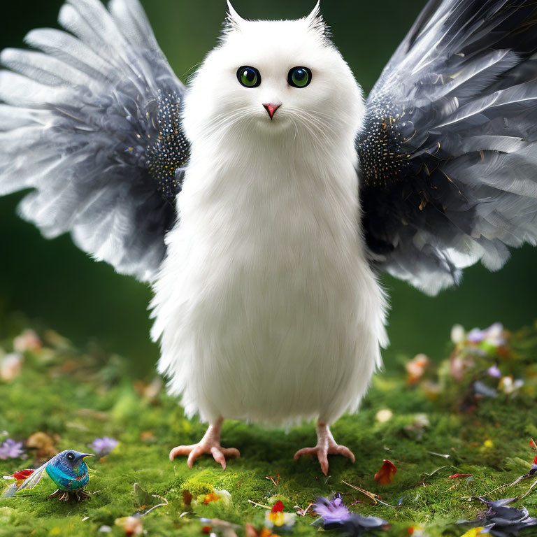 Fluffy white cat-bodied creature with bird wings and blue eyes among flowers