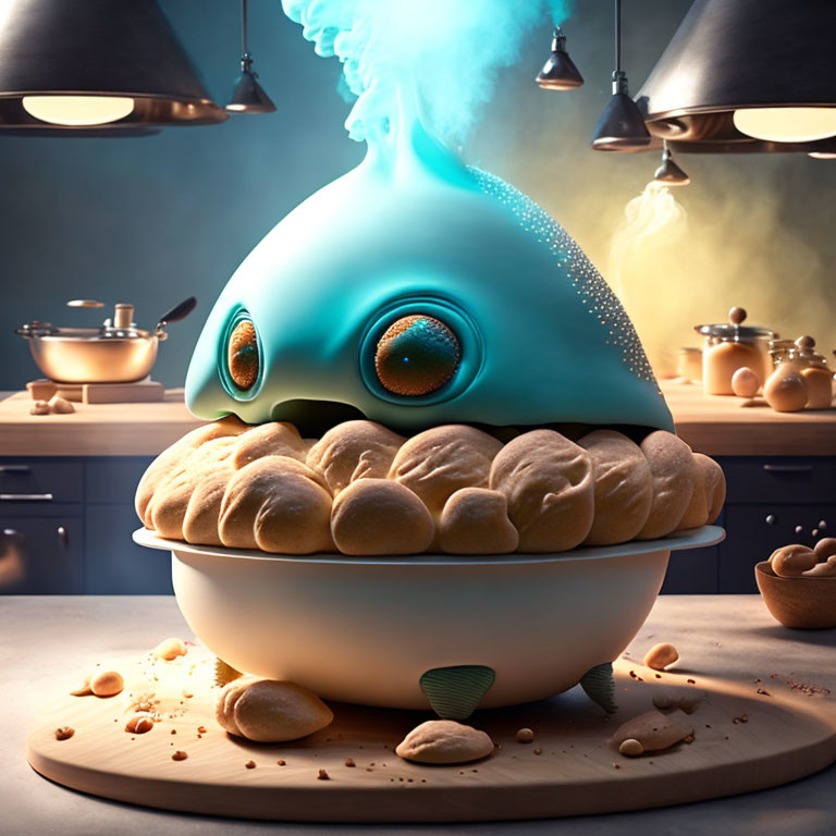 Blue creature in freshly baked bread in homely kitchen setting