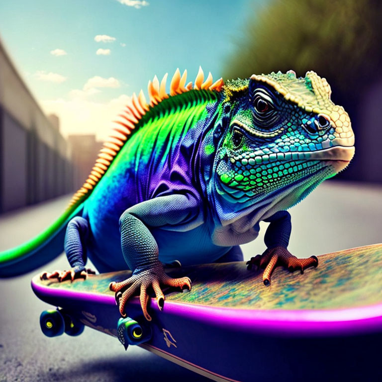 Colorful iguana skateboarding in urban sunset scene