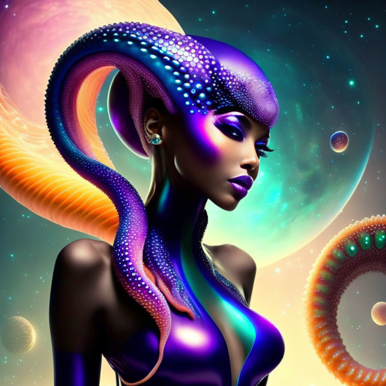 Purple-skinned woman with alien features in cosmic setting