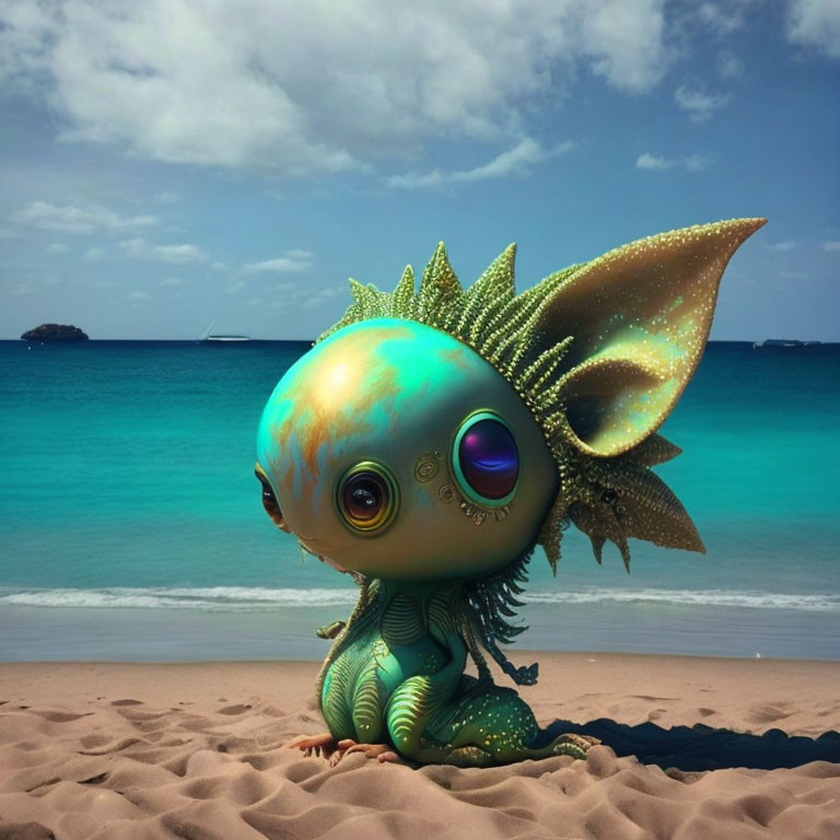 Whimsical fish-dragon creature on sandy beach with expressive eyes