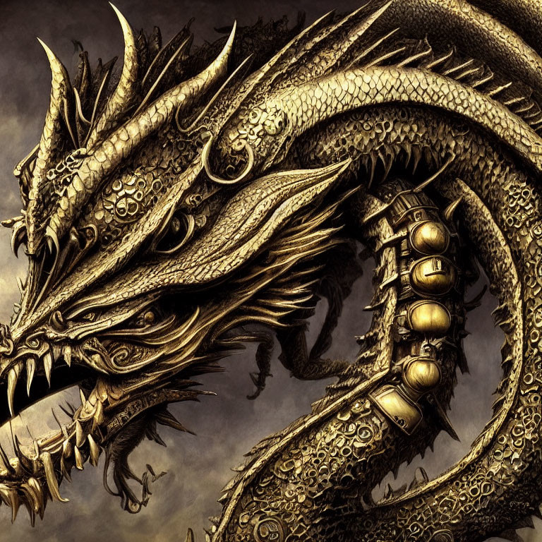 Detailed Golden Dragon with Fierce Eyes and Sharp Horns: Majestic Power and Wisdom