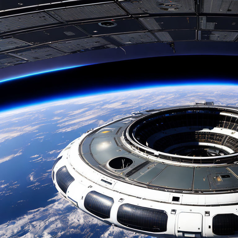 Rounded spacecraft orbits Earth against black space