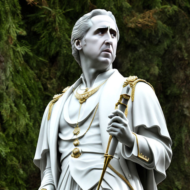 Solemn man statue in classical attire with staff, gold chains, against green foliage.
