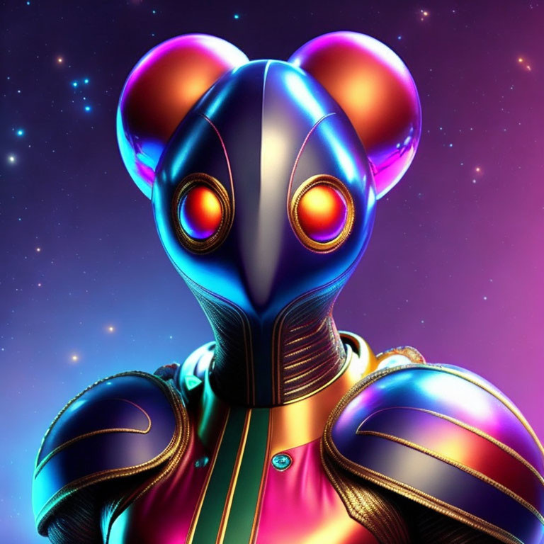Futuristic alien character with metallic body and luminous eyes in pink hue on cosmic backdrop
