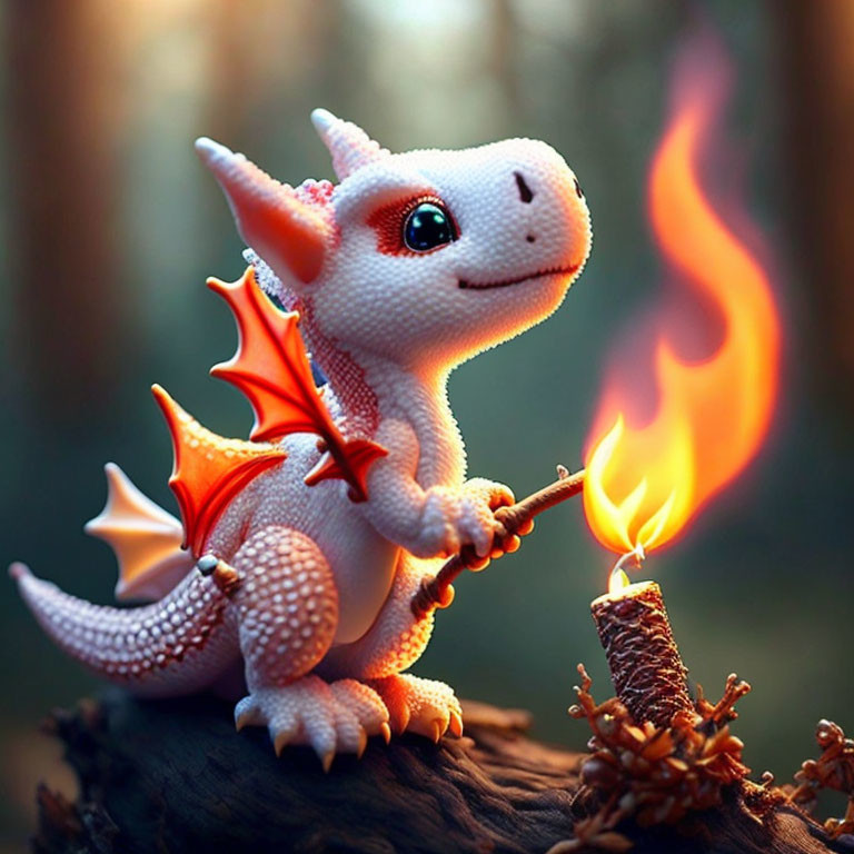 Whimsical animated dragon by fire in forest scene