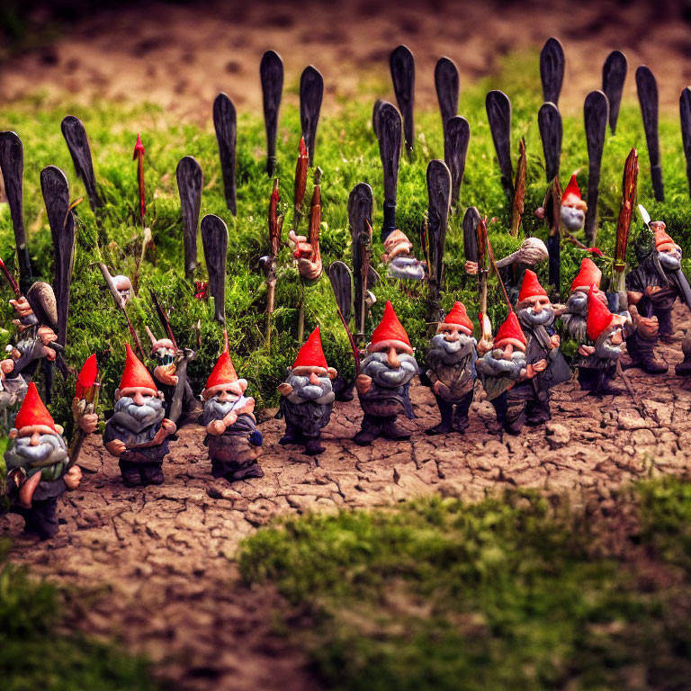 Garden Gnome Figurines Aligned in Mock-Army Formation