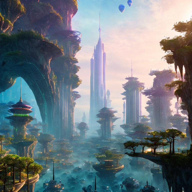 Futuristic cityscape with towering spires and suspended structures amid rocky formations and hot air balloon in