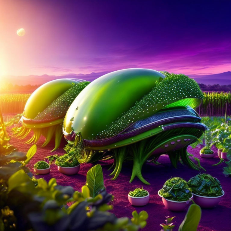 Vibrant landscape with green beetle-like structures in purple twilight