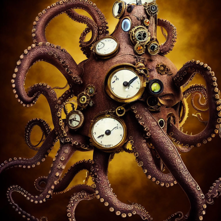 Steampunk-themed octopus with vintage clocks and gears on warm brown background