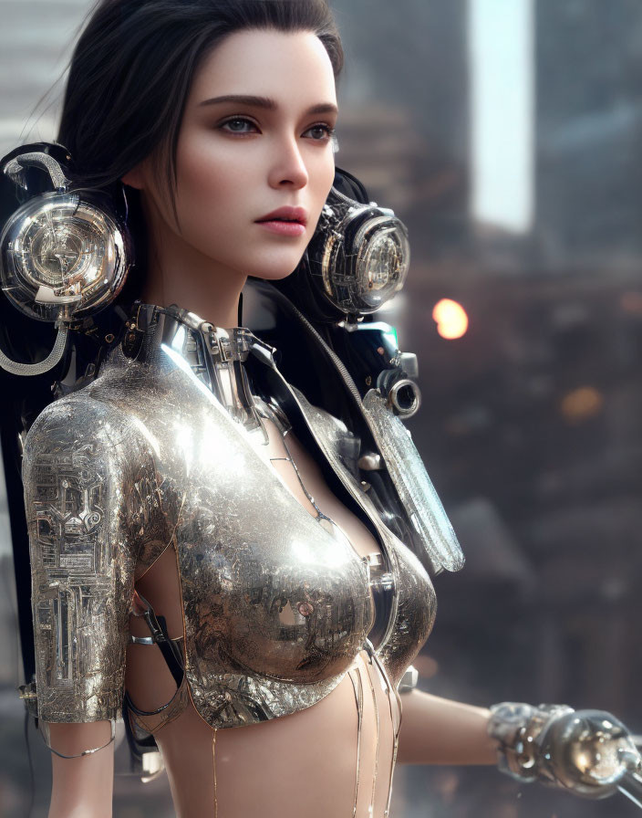 Futuristic female figure in metallic armor with shoulder-mounted machinery