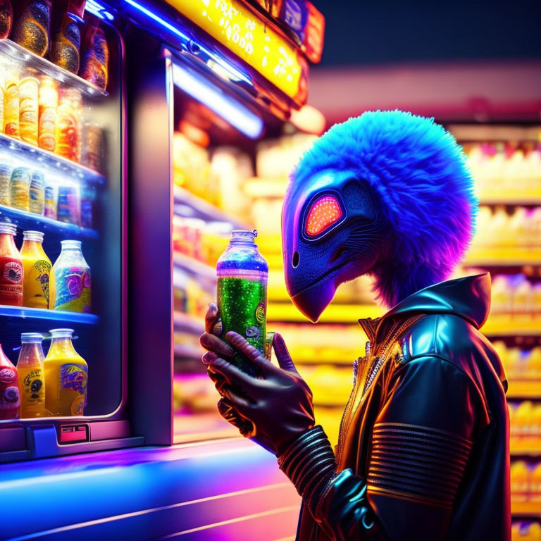 Colorful bird mask person inspects green beverage under neon lights