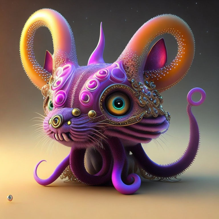 Whimsical digital artwork: Feline-octopus creature with large eyes, purple tones, orn