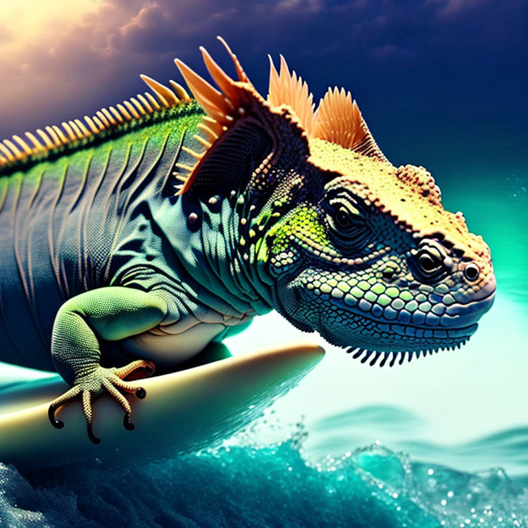 Colorful Digital Artwork: Iguana with Pronounced Spines on Rock