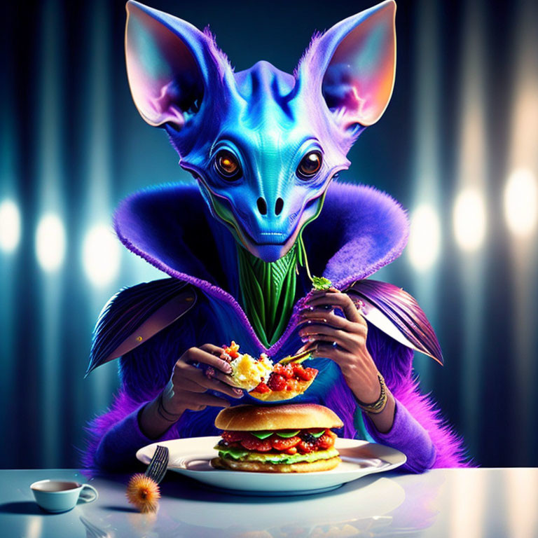 Colorful alien creature eating hamburger in purple outfit