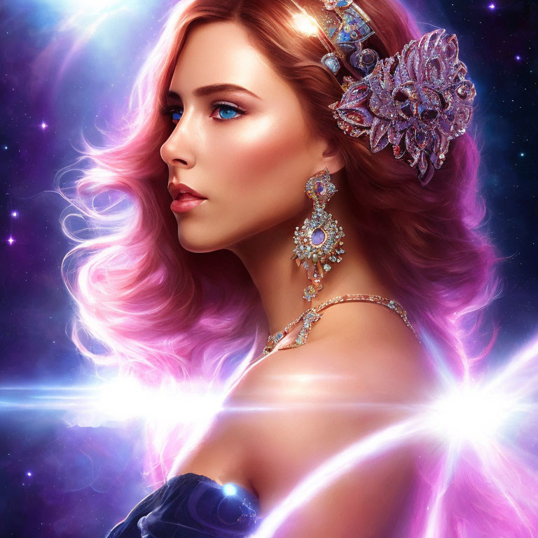 Portrait of Woman with Blue Eyes & Auburn Hair, Ornate Jewelry, Neon Cosmic Background