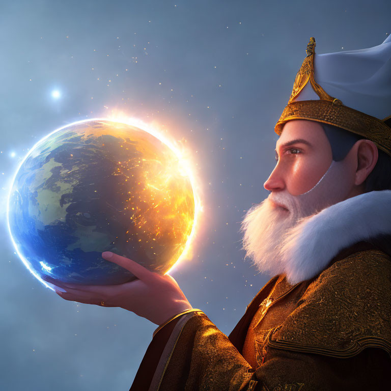 White-bearded figure holding glowing Earth against starry sky.