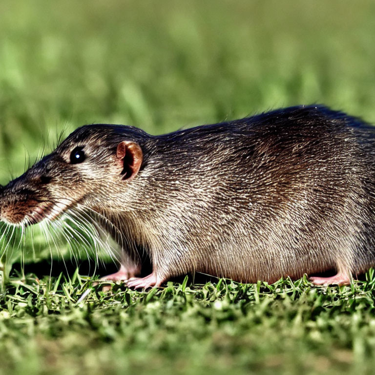 Close-up of Eastern mole moving through short grass with velvety fur and pointed snout