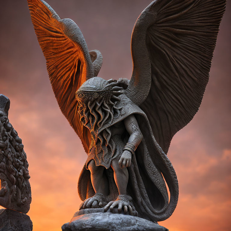 Mythical creature statue with octopus head and wings at sunset
