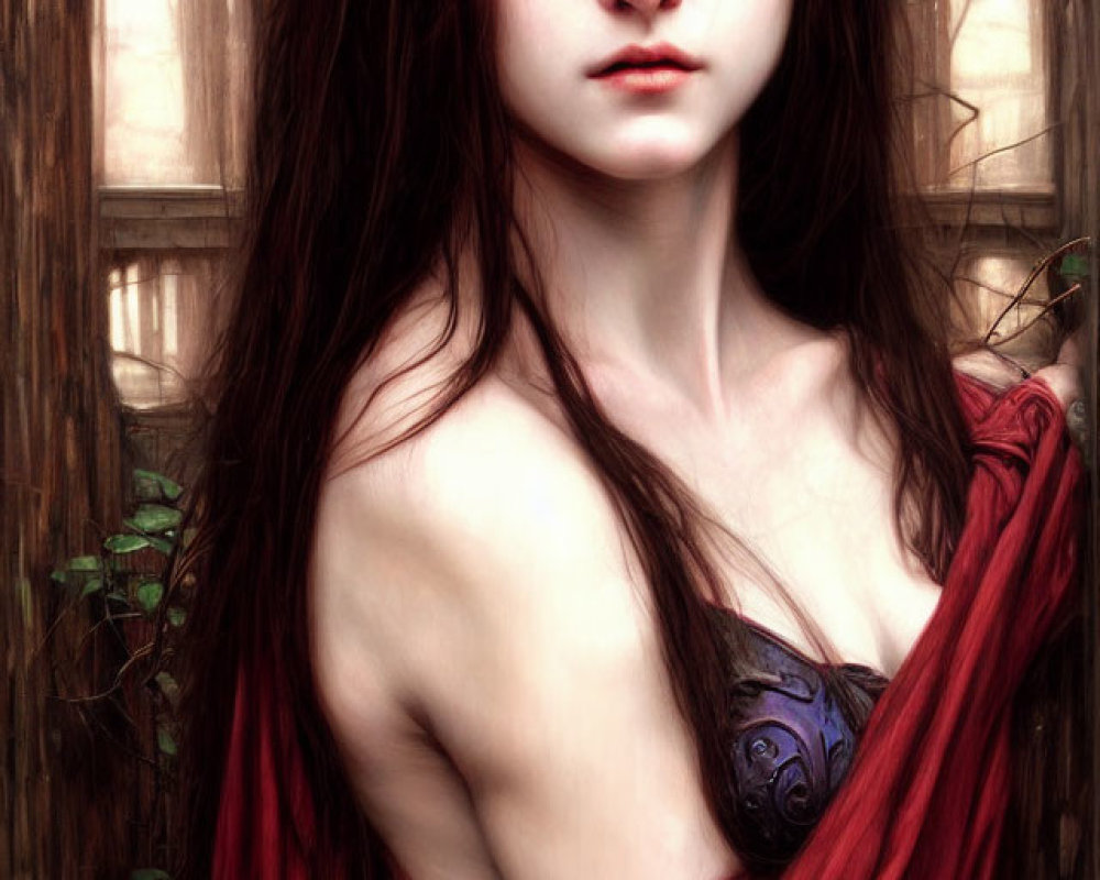 Digital painting of woman with long hair and red cloak in mystical forest setting