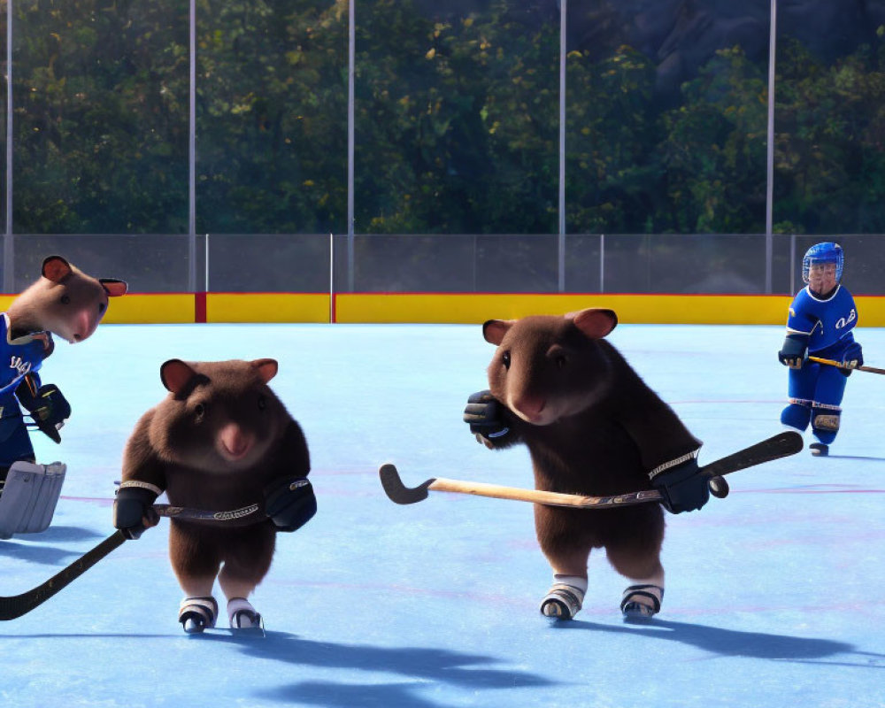 Brown Bears Playing Hockey on Ice Rink with Clear Sky