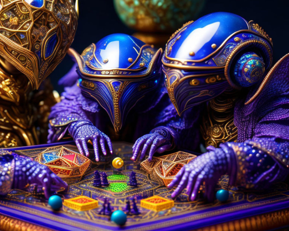 Intricate alien figures in ornate armor playing board game surrounded by mystical artifacts