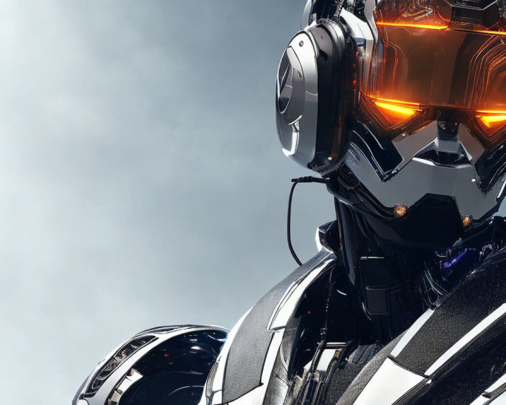 Reflective Gold-Visored Helmet on Futuristic Robot in Detailed Armor