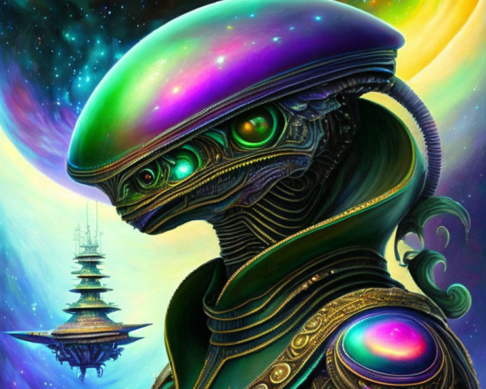 Colorful digital artwork: alien in reflective helmet and intricate armor against cosmic backdrop with spaceship
