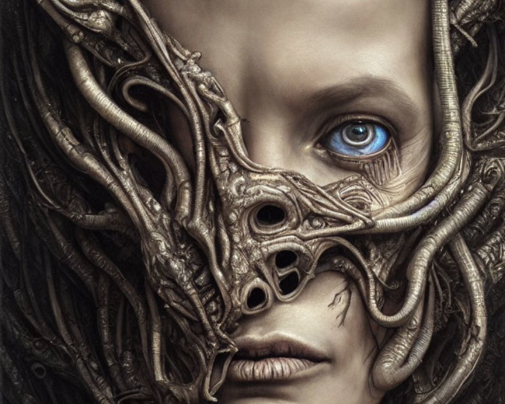 Portrait of a woman with intricate vine-like patterns and striking blue eye