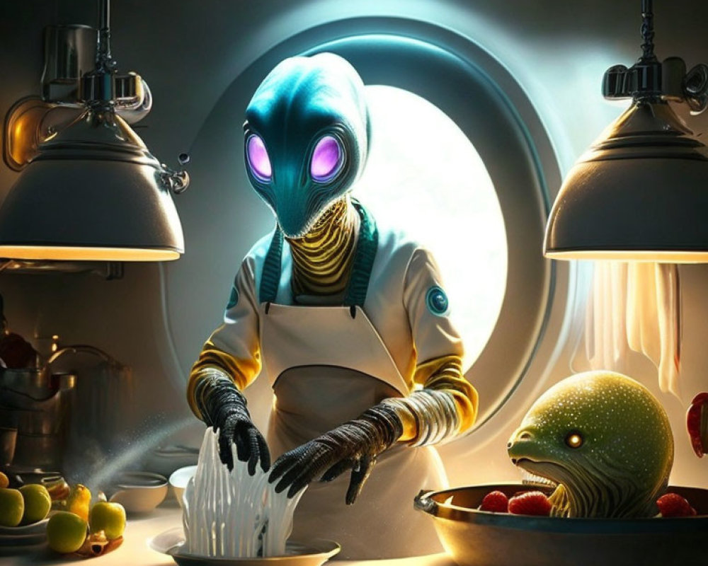 Alien chef washing vegetables in futuristic kitchen with another alien creature among fruits