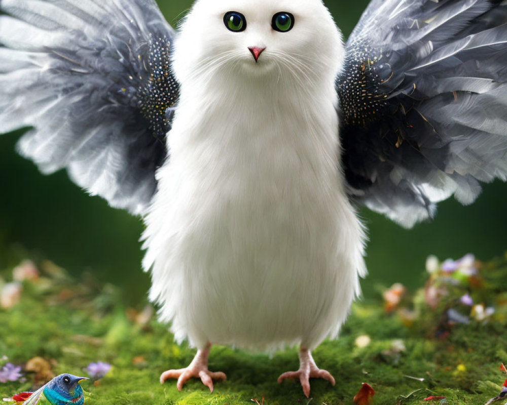 Fluffy white cat-bodied creature with bird wings and blue eyes among flowers